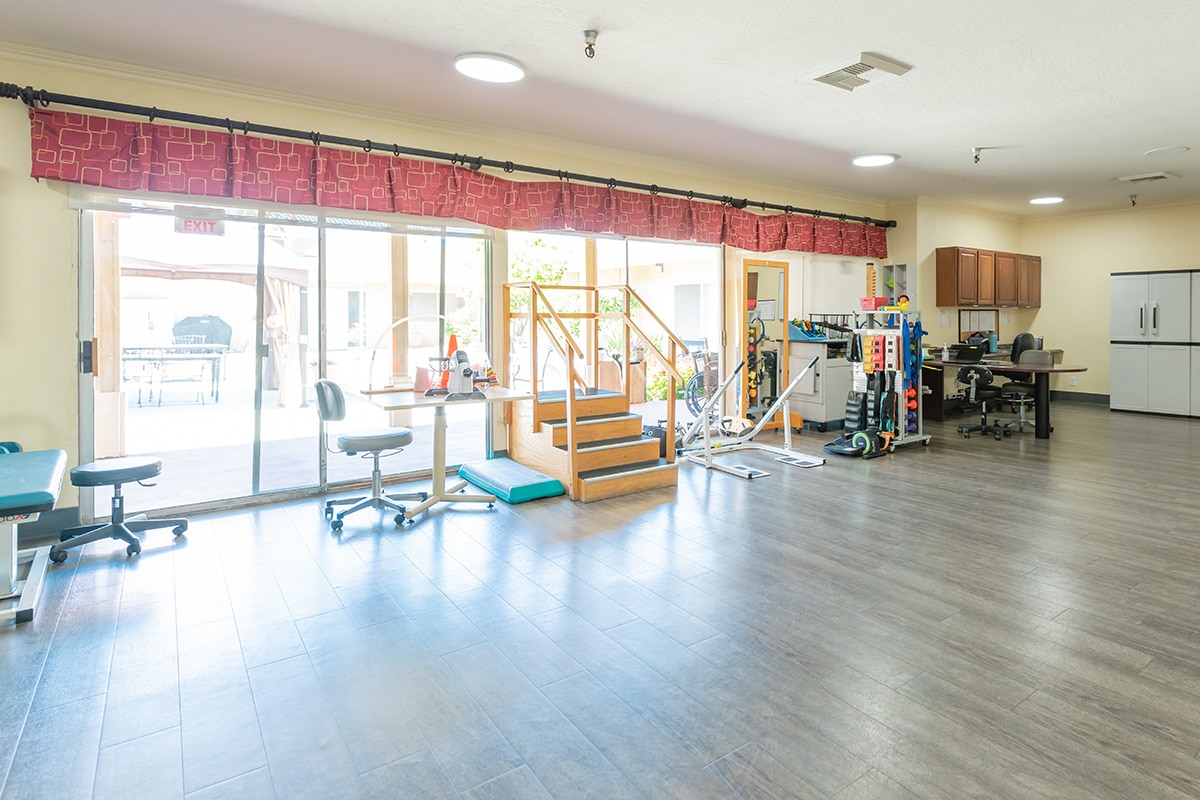The rehabilitation room at Redlands Healthcare Center
